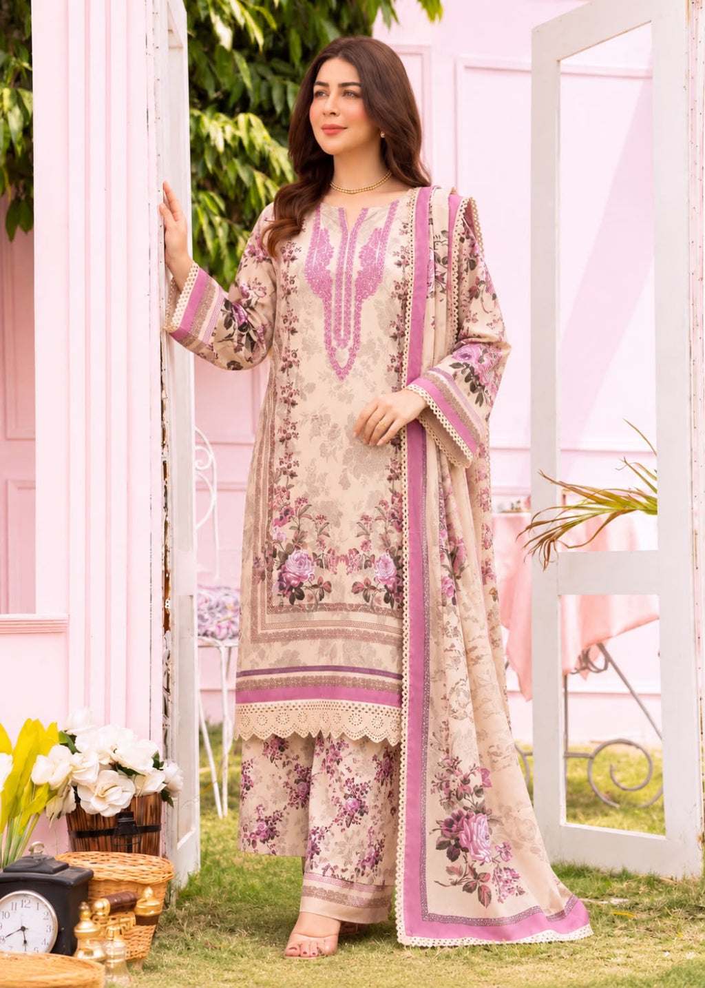 A woman models a traditional three-piece salwar kameez suit in a light beige/cream color with pink and purple floral embroidery and prints, set against a soft pink garden backdrop.