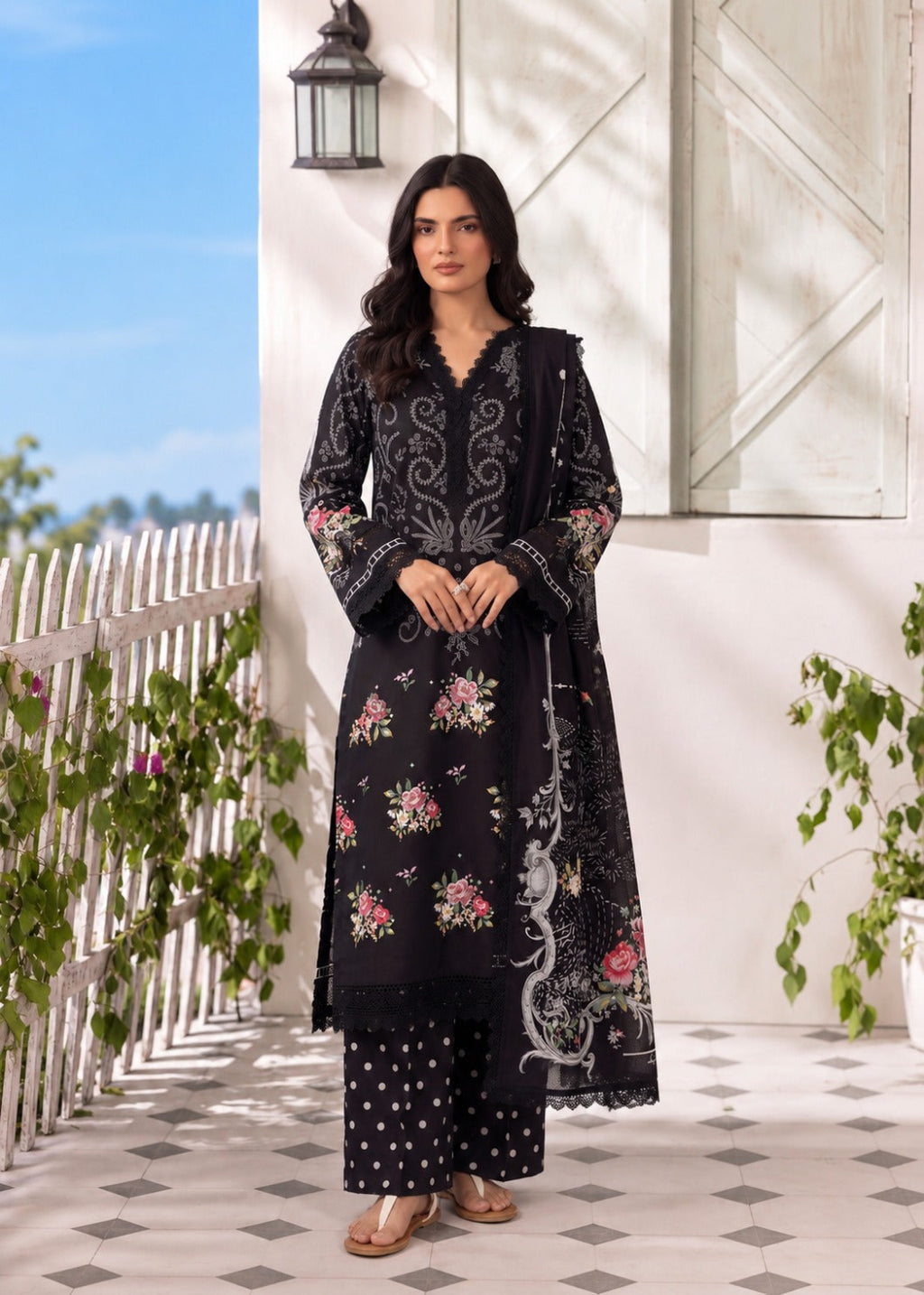 A woman modeling a black three-piece ethnic suit with floral and silver mirror-work embroidery, standing on a tiled patio with a white picket fence and green plants in the background.