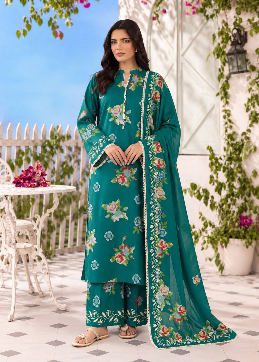 A woman stands outdoors wearing a teal floral salwar kameez suit with matching pants and a long dupatta. The outfit features pink, green, and white floral embroidery, and the background shows a patio setting with white furniture and greenery.