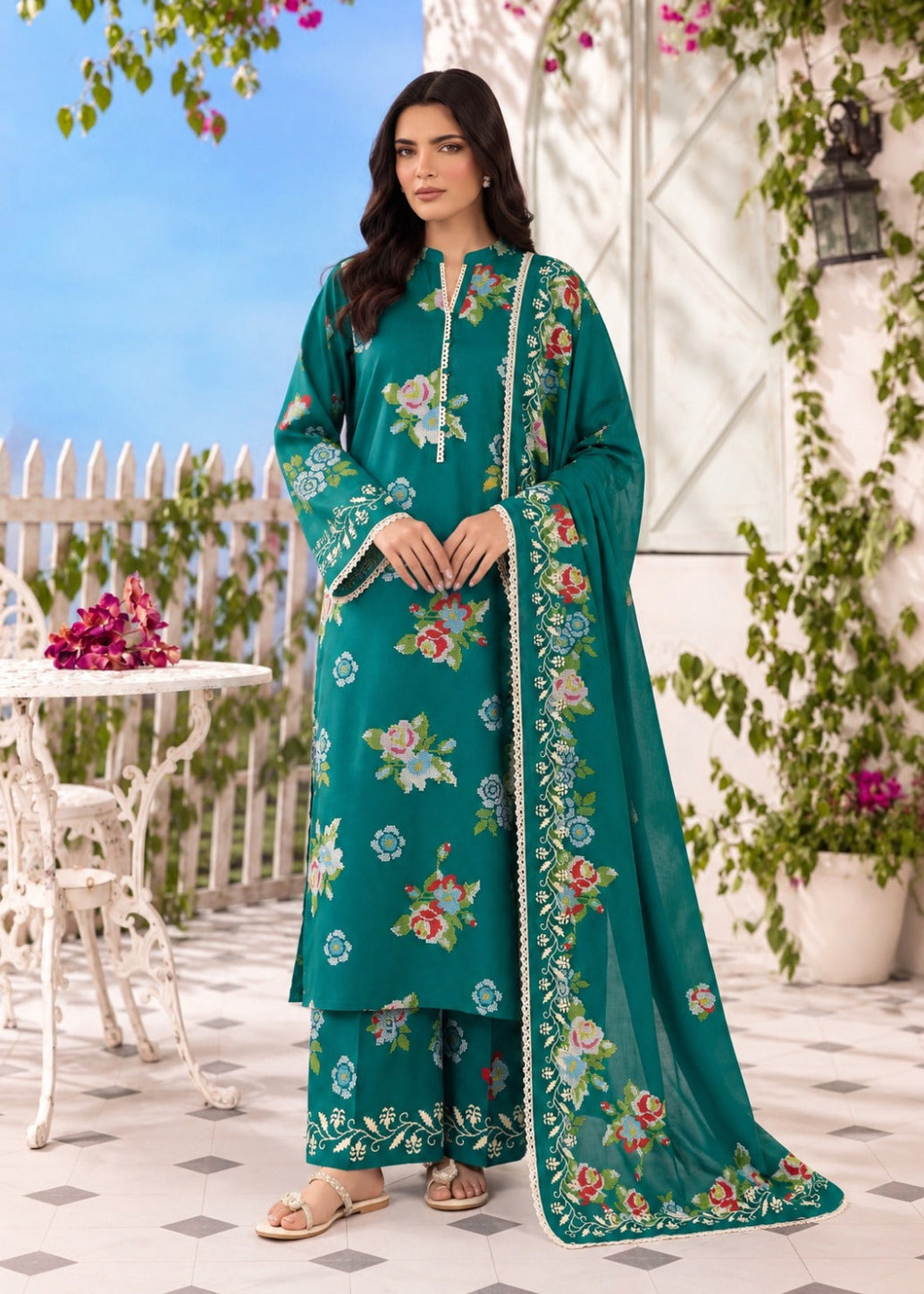 A woman stands outdoors wearing a teal floral salwar kameez suit with matching pants and a long dupatta. The outfit features pink, green, and white floral embroidery, and the background shows a patio setting with white furniture and greenery.