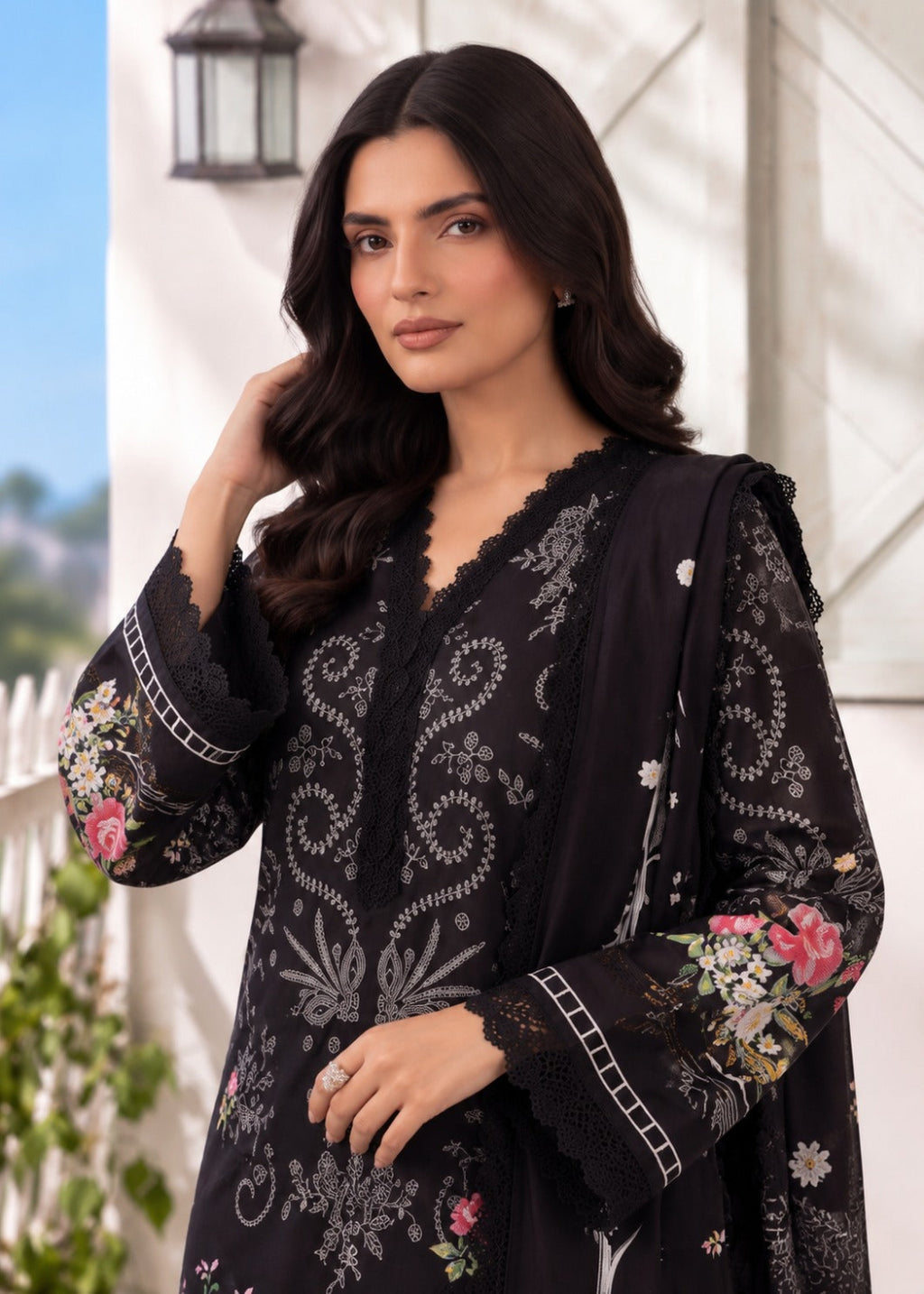 A woman modeling a black embroidered traditional outfit with floral and paisley patterns, lace cuffs, and a matching dupatta, posed outdoors against a white wall.