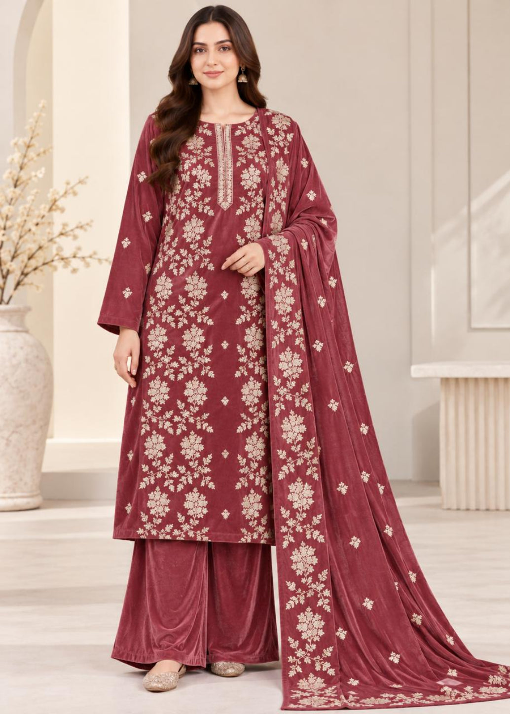 A woman models a traditional Indian salwar kameez suit in maroon velvet with beige floral embroidery, featuring a long kurta, matching wide-leg pants, and a draped dupatta.