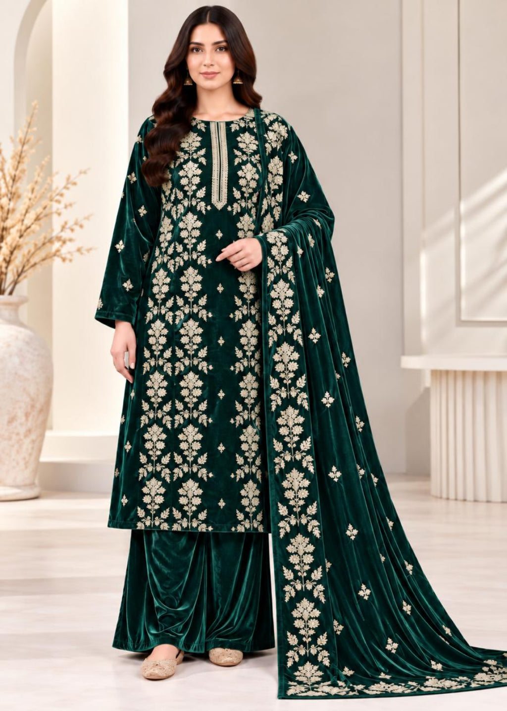A woman models a dark green velvet ethnic salwar kameez suit with beige floral embroidery, matching pants, and a long draped dupatta in a bright indoor setting.