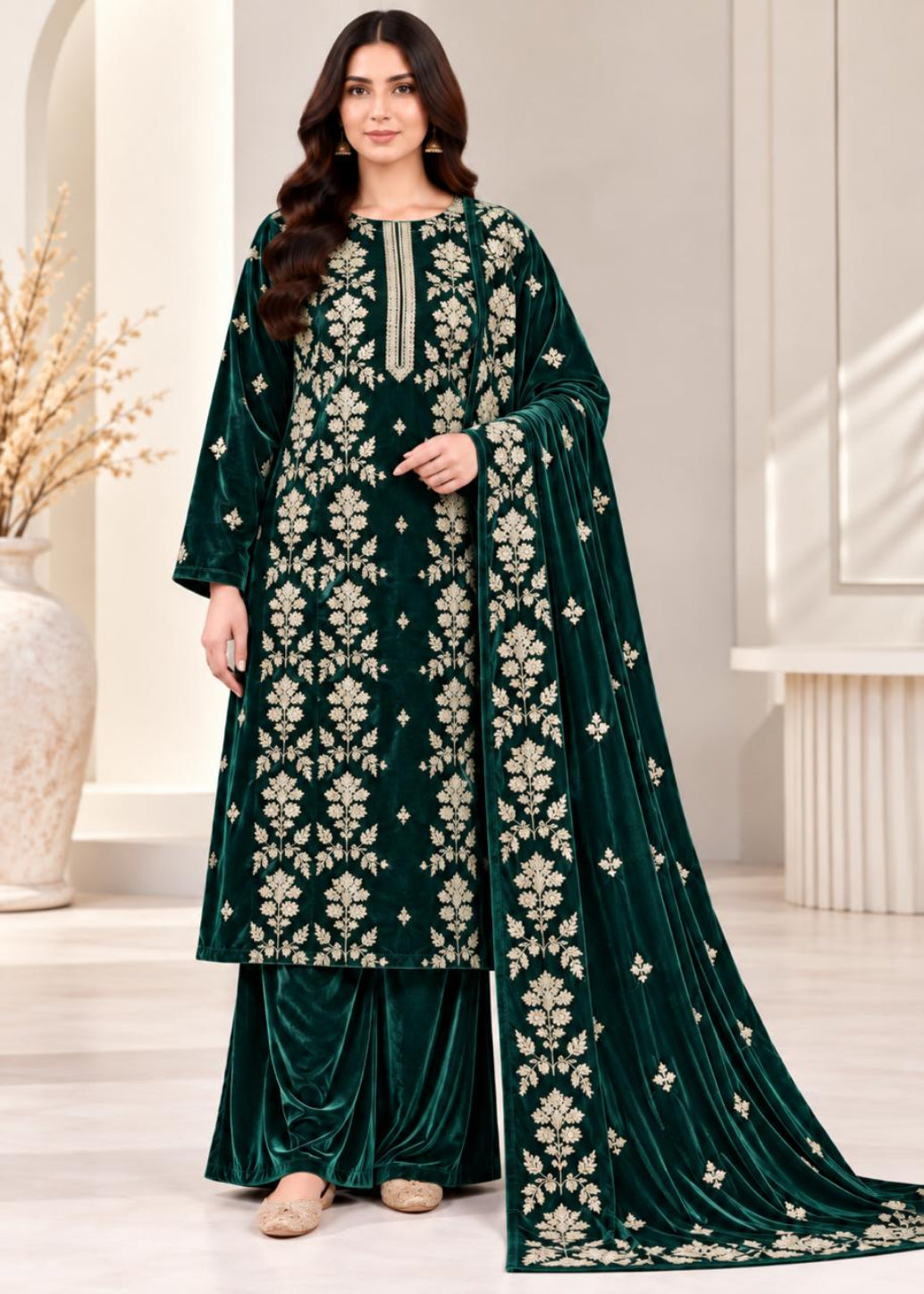 A woman models a dark green velvet ethnic salwar kameez suit with beige floral embroidery, matching pants, and a long draped dupatta in a bright indoor setting.