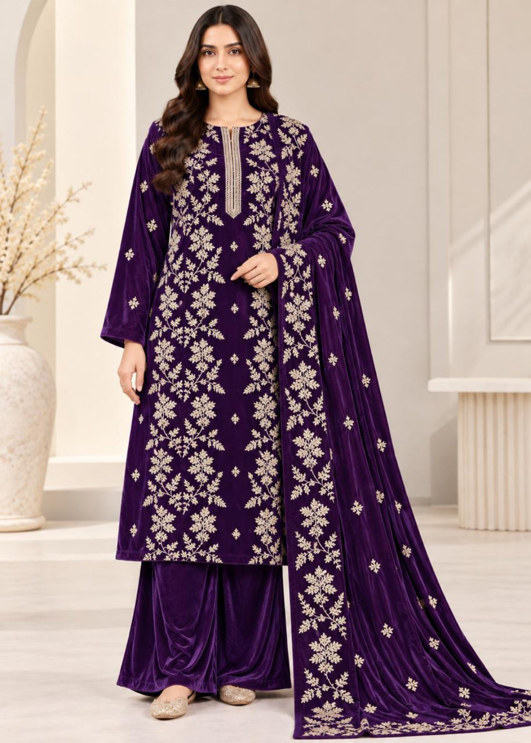 A woman models a deep purple velvet three-piece traditional outfit with intricate silver floral embroidery, consisting of a long kurta, matching pants, and a draped dupatta, set against a neutral indoor background.