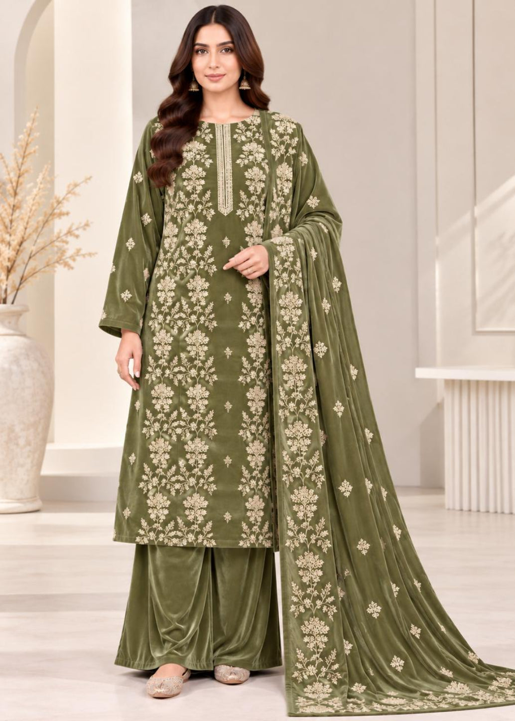 A woman models an olive green traditional Indian salwar kameez suit with beige floral embroidery, matching wide-leg trousers, and a long draped dupatta, set against a neutral indoor background.