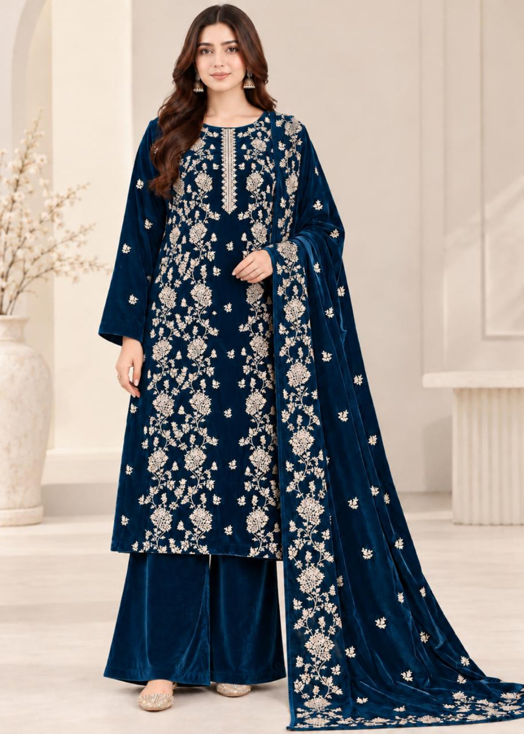 A woman models a navy blue velvet salwar kameez suit with intricate silver floral embroidery, matching wide-leg trousers, and a long draped dupatta, set against a neutral indoor background.