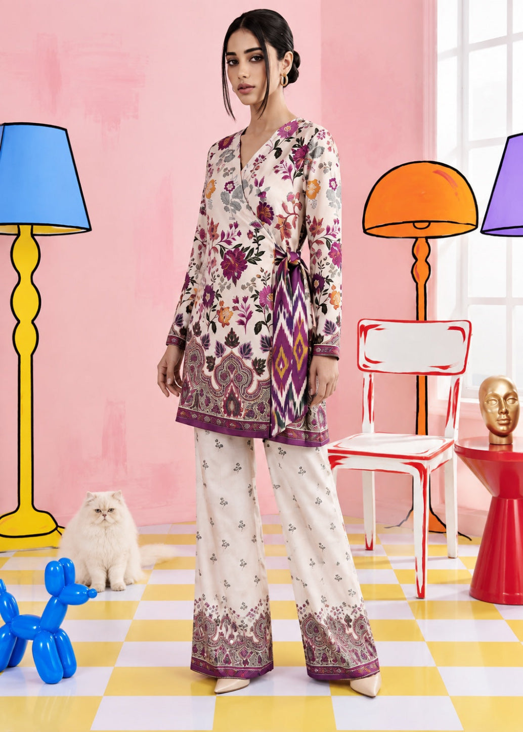 A woman models a two-piece ethnic wear set featuring a floral printed tunic and wide-leg trousers. The outfit has a cream base with purple, pink, and green floral patterns and a purple chevron pattern on the sleeve.